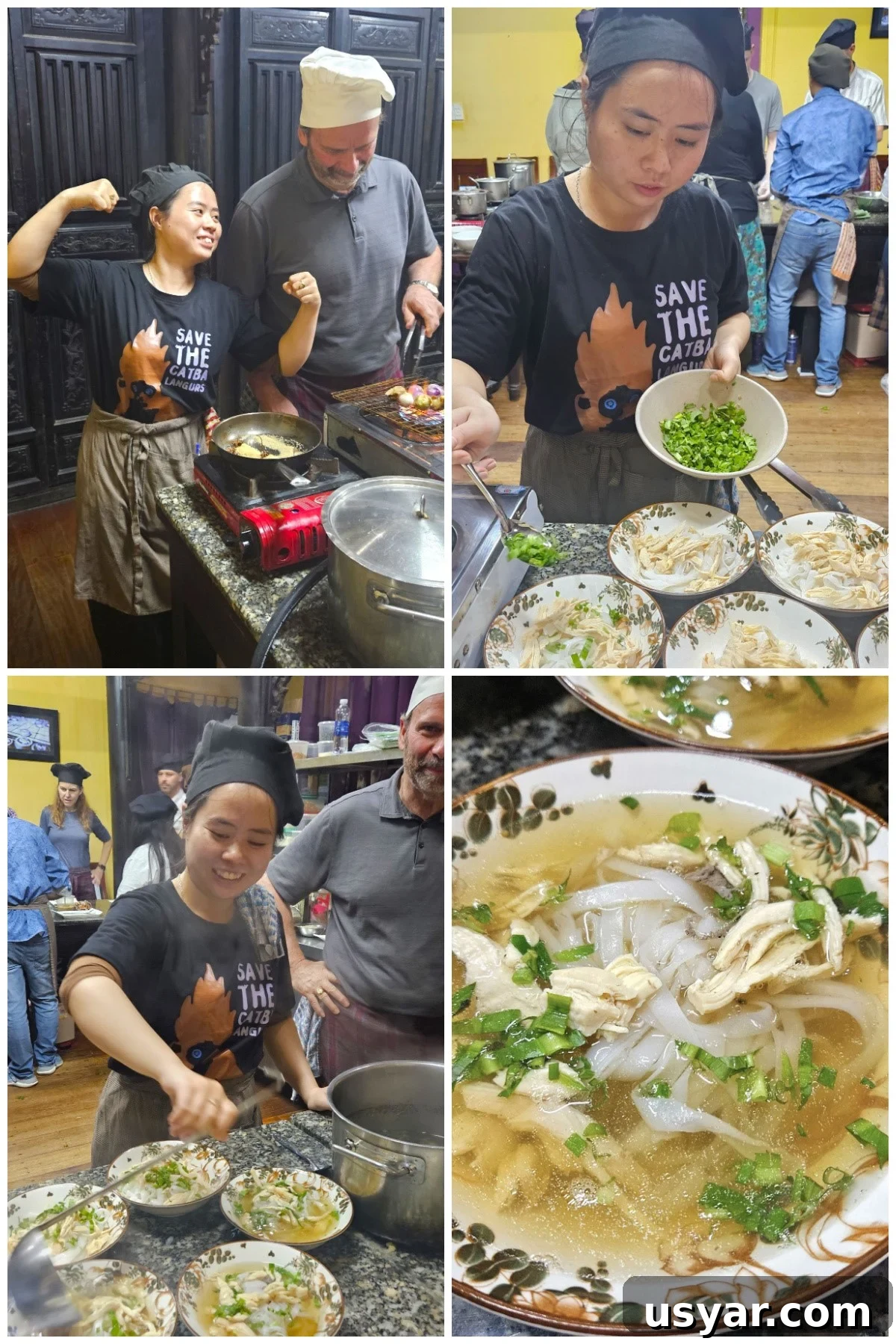 Shortcut Chicken Pho Recipe for Vietnamese Pho Ga 9 Collage of photos of making pho soup in cooking class in Hoi An, Vietnam.