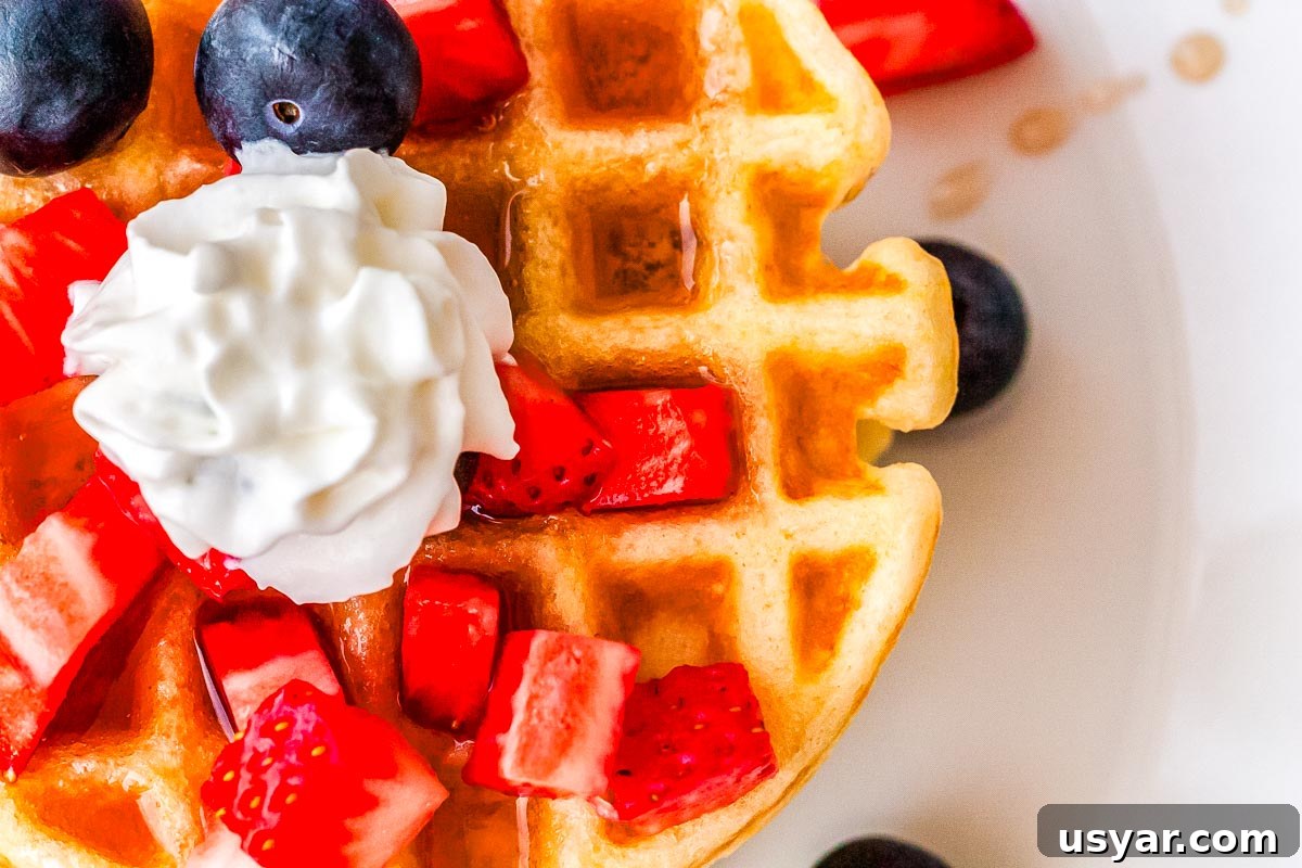 Dash Waffle Maker Recipes for Breakfast, Brunch and Snacks 3 A waffle on a plate topped with berries, syrup, and whipped cream.