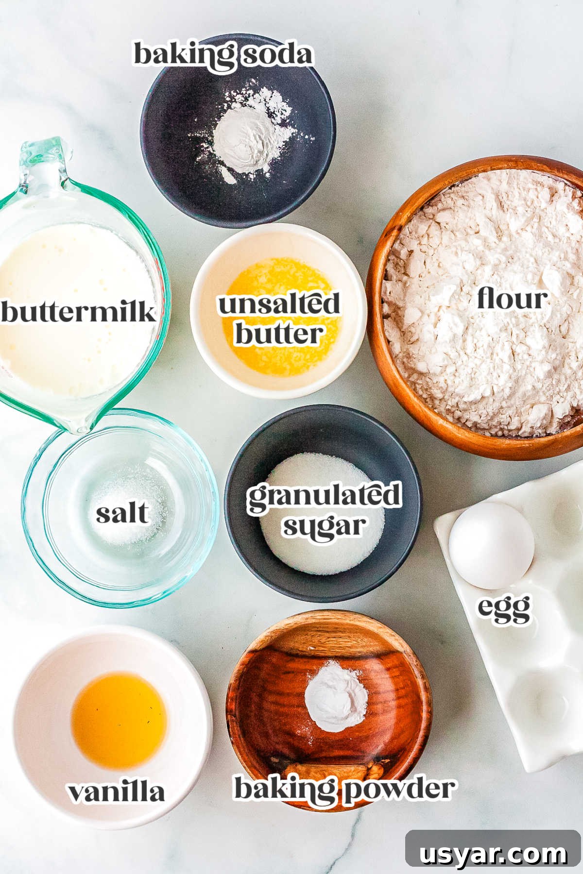 Dash Waffle Maker Recipes for Breakfast, Brunch and Snacks 4 The Dash waffle recipe ingredients with text overlay labeling each one.