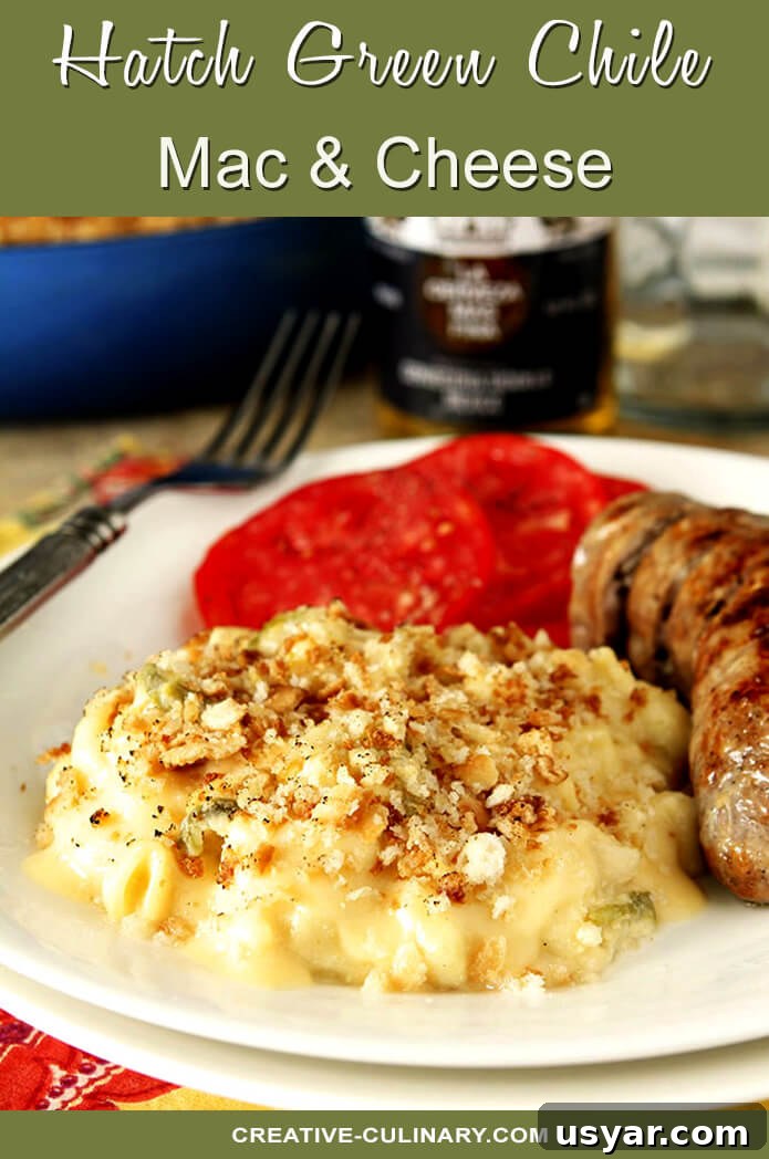 Creamy Hatch Green Chile Mac and Cheese Recipe 7 Macaroni and Cheese with Hatch Green Chiles is Served with Grilled Bratwurst and Tomatoes.