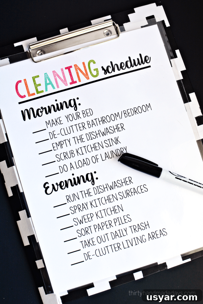 Printable Daily Cleaning Schedule for a Tidy Home 2 Printable daily cleaning schedule for keeping up with simple household chores using a dry erase marker