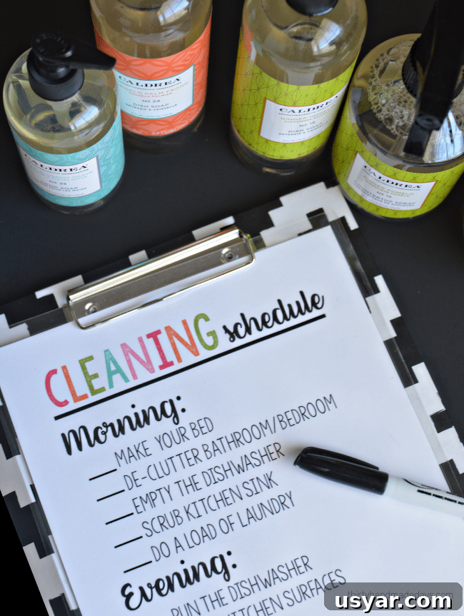 Printable Daily Cleaning Schedule for a Tidy Home 4 Printable cleaning schedule for tracking daily household jobs with cleaning products from Grove Collaborative