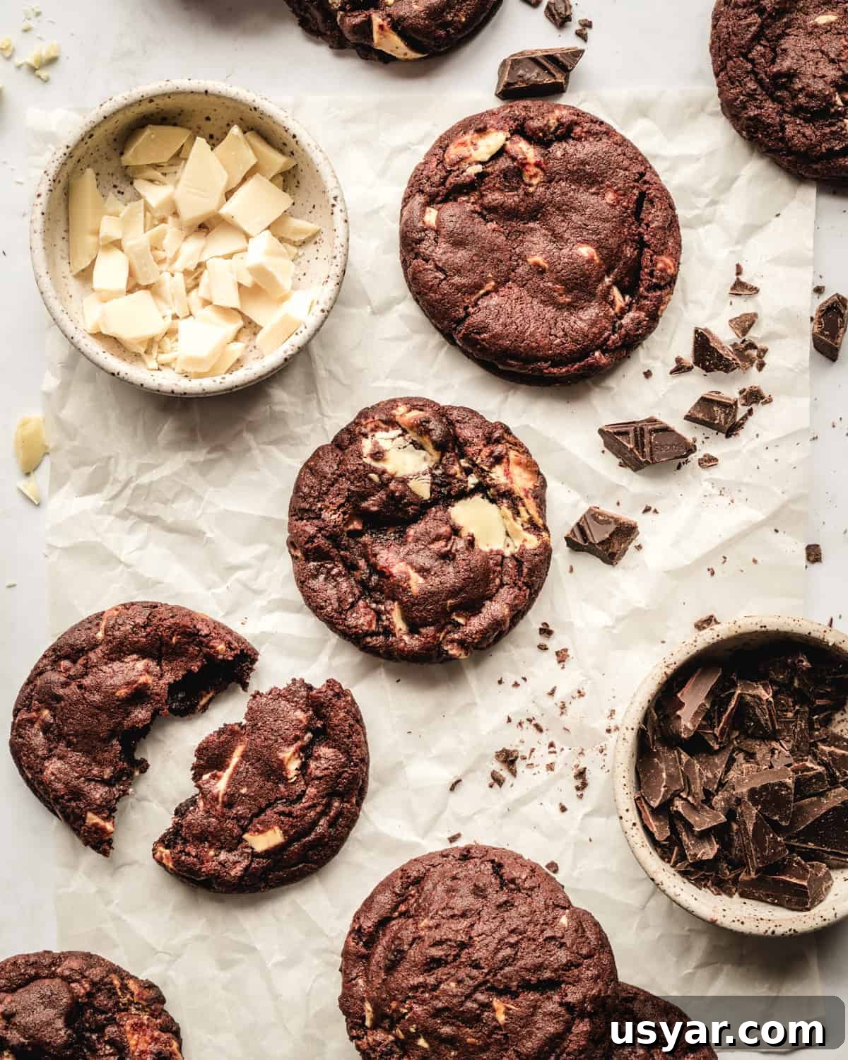 Fudgy White Chocolate Chip Cookie Recipe 2 chocolate cookies with white chocolate chips