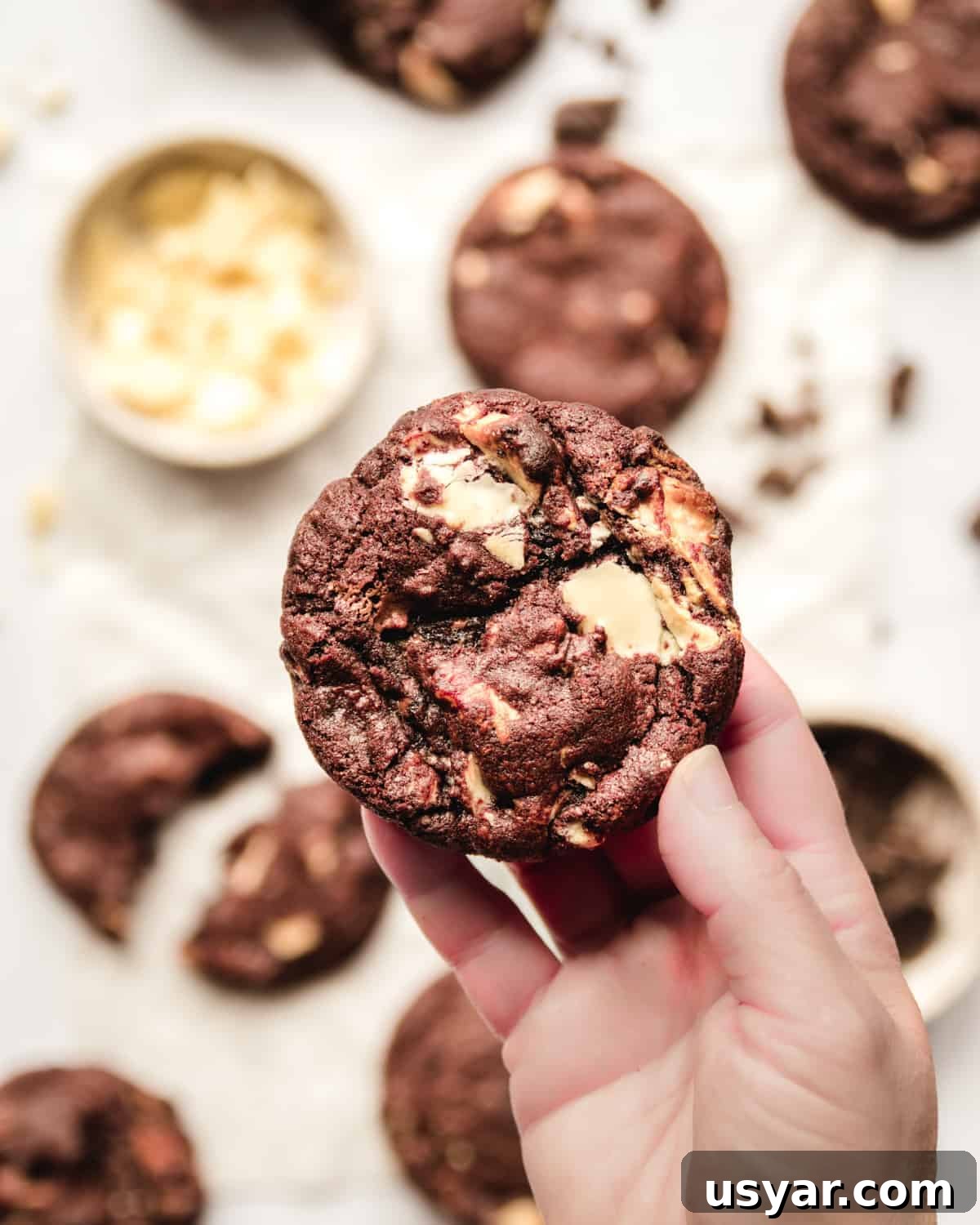 Fudgy White Chocolate Chip Cookie Recipe 6 holding a white chocolate chip cookie