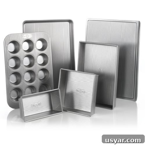 Low-Carb Dessert Baking Tips and Tricks for Perfect Results 9 A 6 set of baking pans from USA Pan against a bright white background.