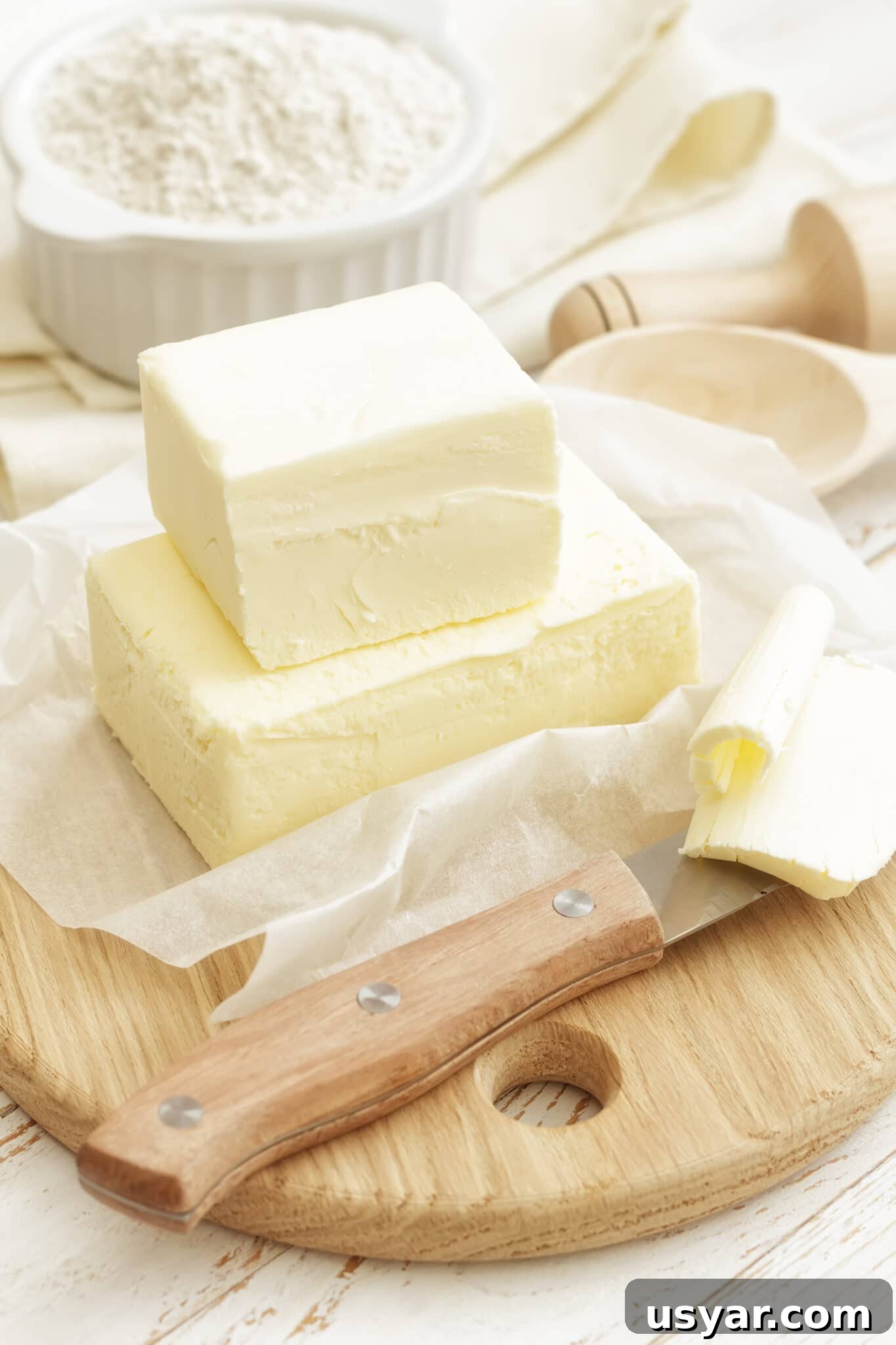 Low-Carb Dessert Baking Tips and Tricks for Perfect Results 10 Butter stacked on parchment paper on a light colored cutting board with baking ingredients slightly out of focus in the background.