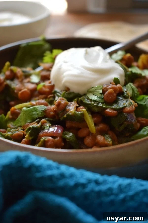 Dal Palak: Spiced Lentils and Spinach Recipe 2 close up of the Spiced Lentils and Spinach