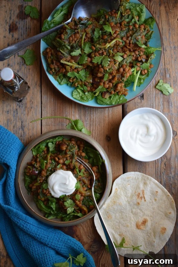 Dal Palak: Spiced Lentils and Spinach Recipe 4 over head table setting view of the Spiced Lentils and Spinach