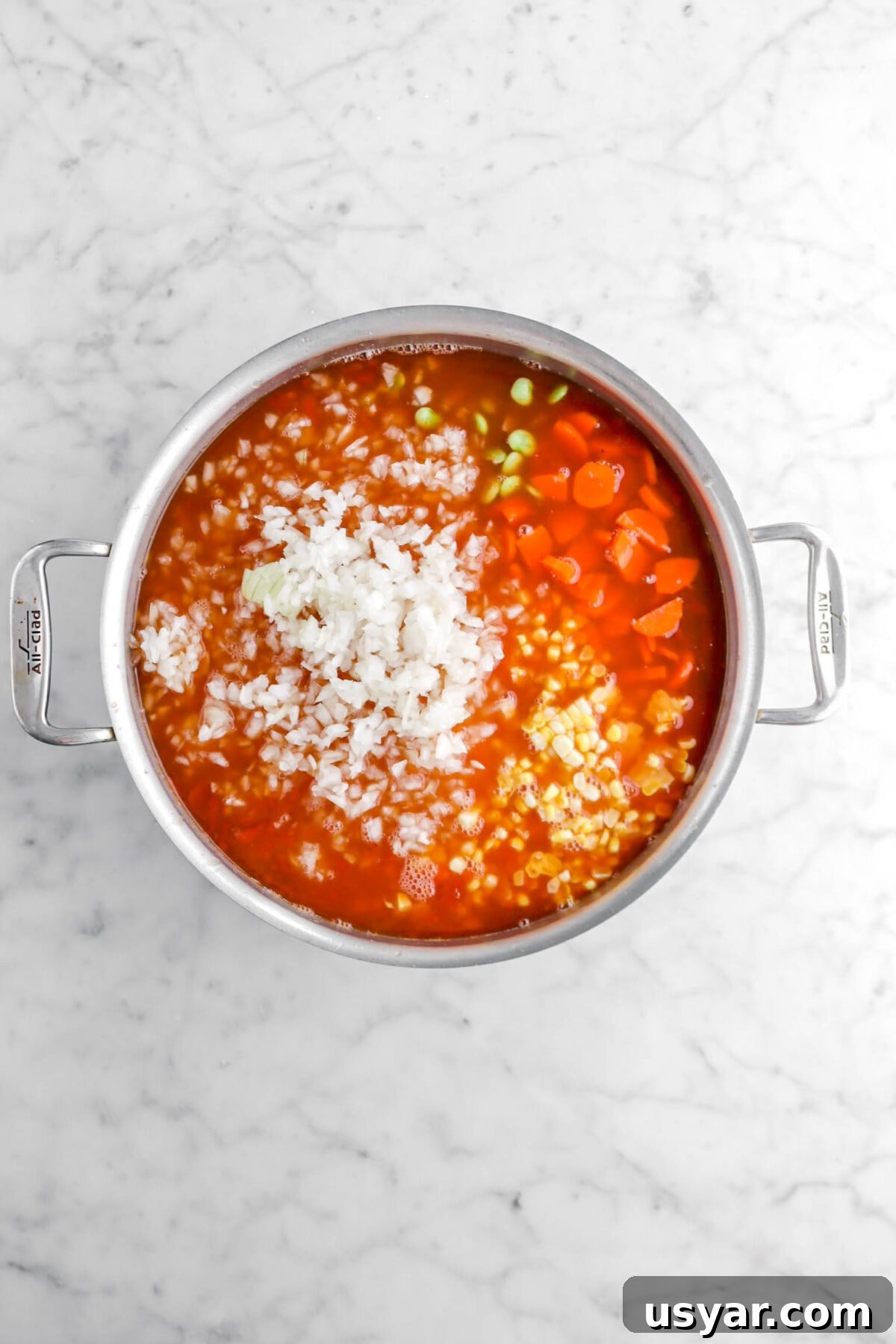 One-Pot Gluten-Free Vegan Vegetable Soup Recipe 5 ingredients for vegetable soup in large stock pot.