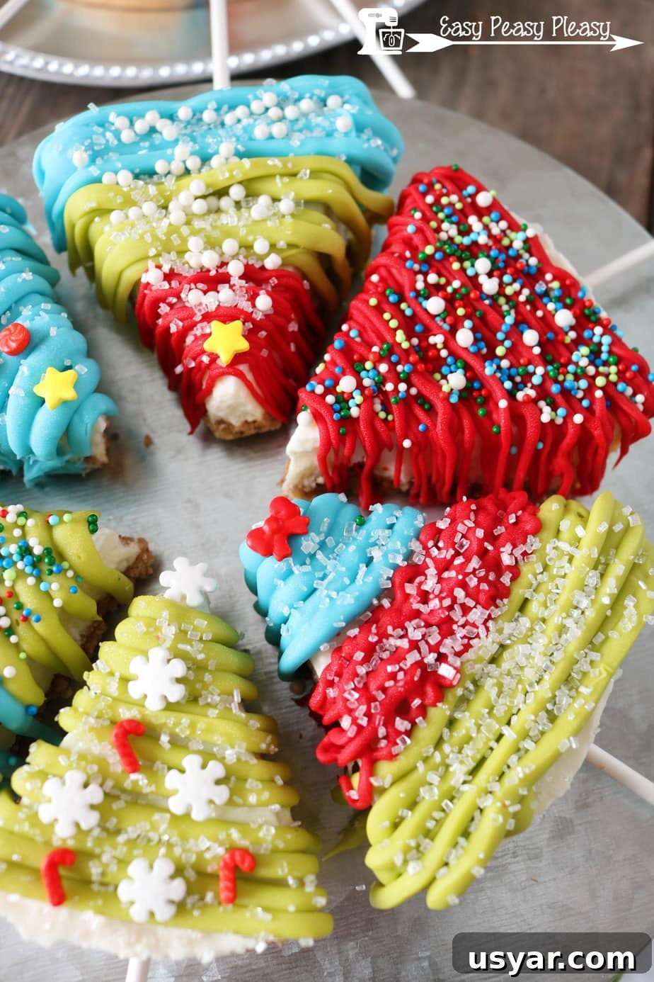 Super easy 3 ingredient cheesecake Christmas Trees at easypeasypleasy.com