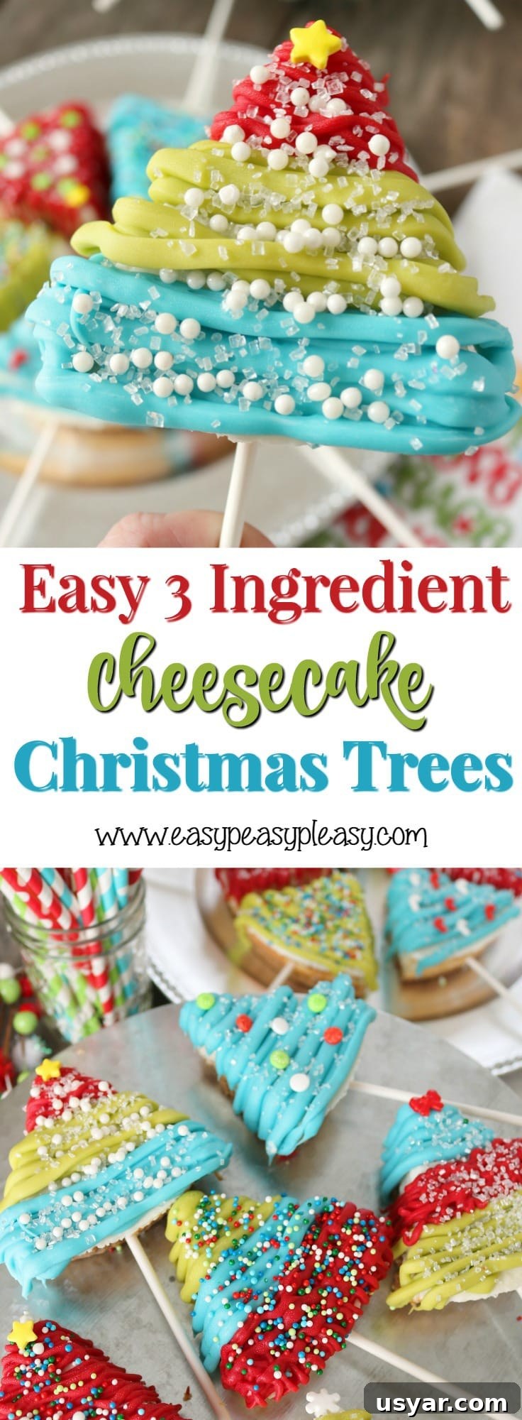 Get the full directions for these Easy 3 Ingredient Cheesecake Christmas Trees at easypeasypleasy.com