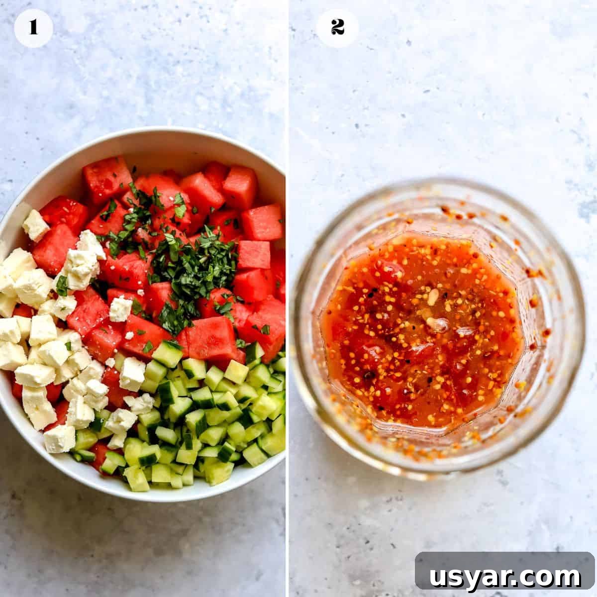 Refreshing Watermelon Basil Salad Recipe 4 Steps to make this recipe in bowls.