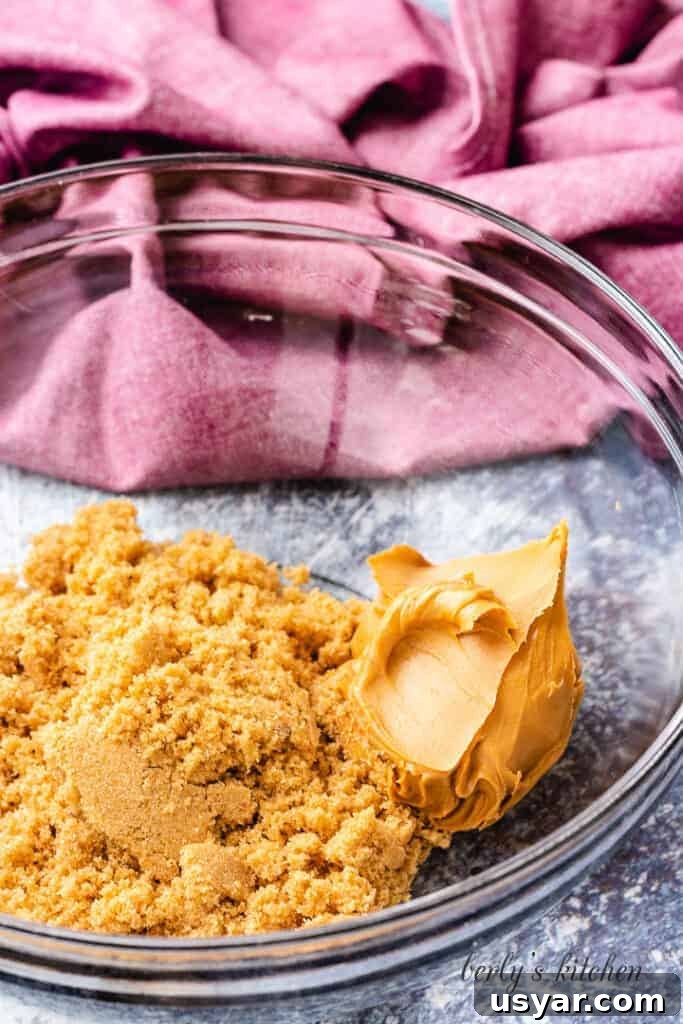 Brown sugar and peanut butter in a large bowl.