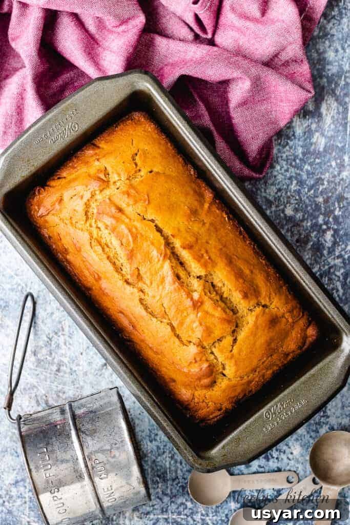 Top-down view of the baked bread in the loaf pan.