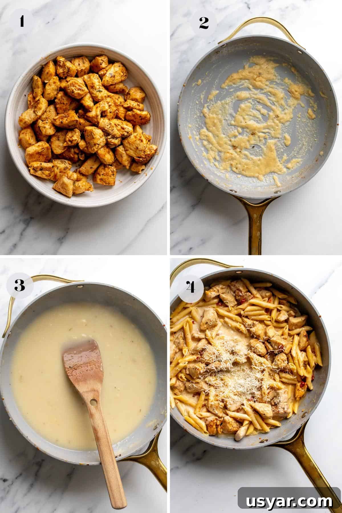 Steps to make the recipe in a grey skillet on a counter top.