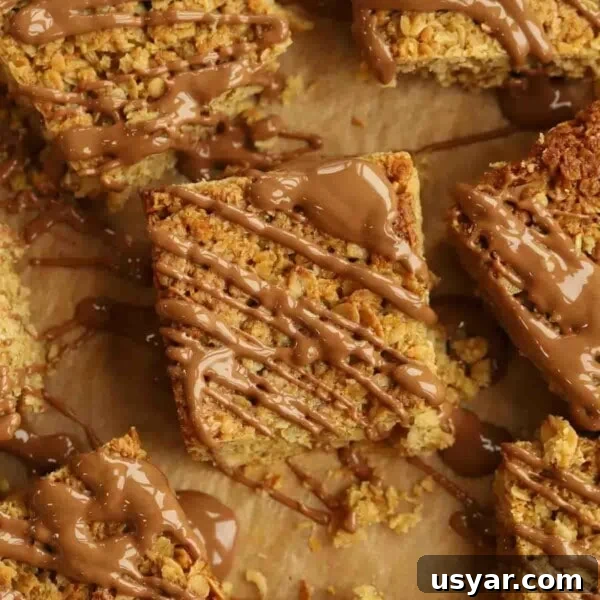 No-Bake Peanut Butter Oat Energy Balls Recipe 5 Melted chocolate drizzled over pieces of just baked flapjacks.