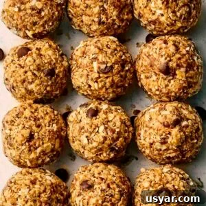 No-Bake Peanut Butter Oat Energy Balls Recipe 9 A close up of rows of energy balls with chocolate chips and oats.
