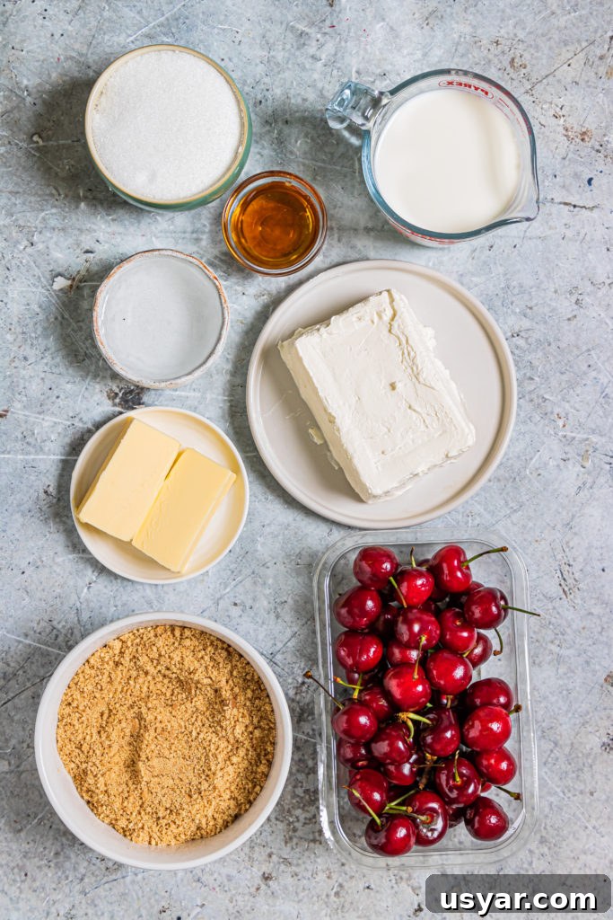 overhead shot showing all of the ingredients needed for cherry cheesecake popsicles