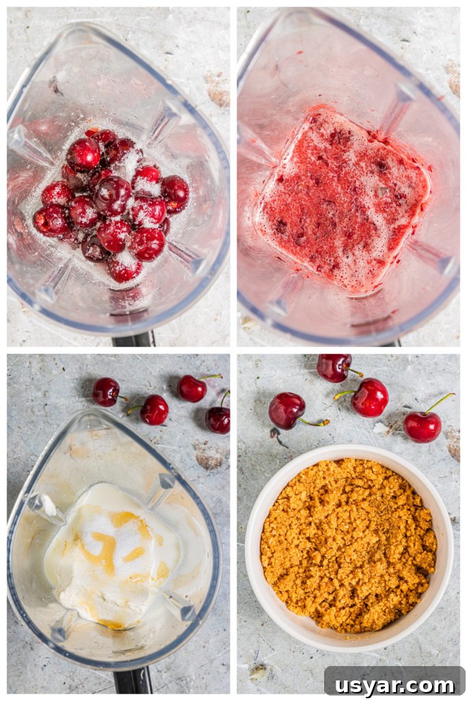 a four image collage showing the making of cherry cheesecake popsicles filling