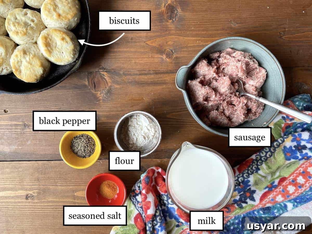 Classic Southern Sausage Gravy Recipe 3 The ingredients in southern biscuits and gravy, laid out and labeled.