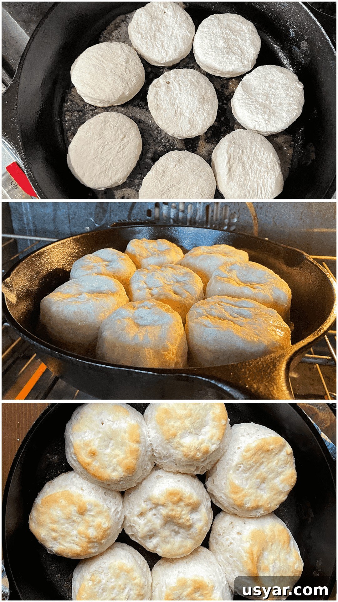 Classic Southern Sausage Gravy Recipe 5 A collage of images showing how to bake biscuits in a cast iron skillet.