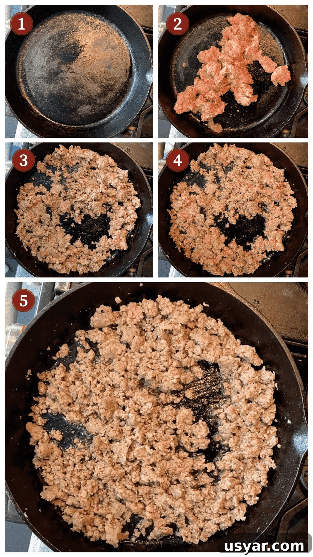 Classic Southern Sausage Gravy Recipe 6 A collage of images showing how to make sausage gravy, steps 1 - 5.