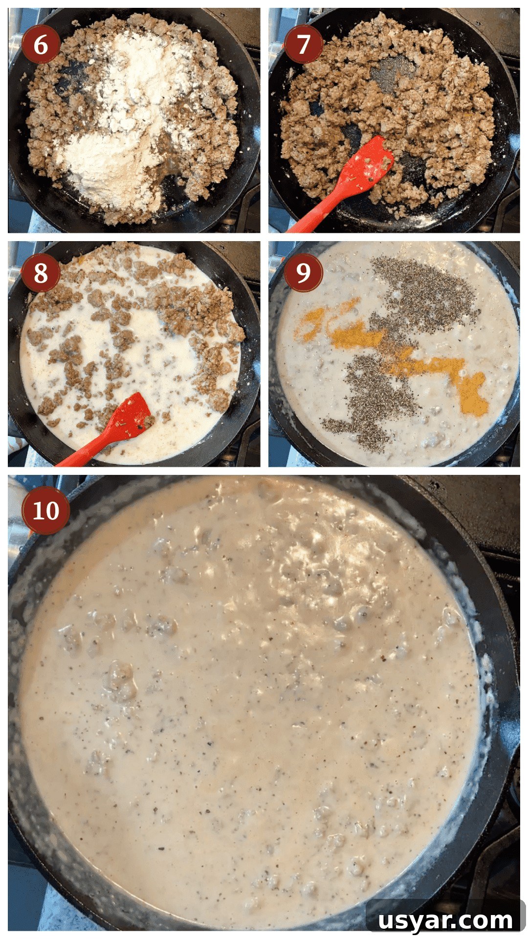 Classic Southern Sausage Gravy Recipe 7 A collage of images showing how to make sausage gravy, steps 6 - 10.