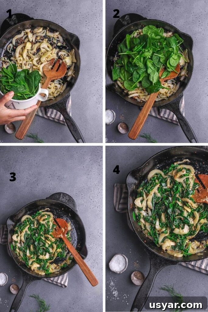 Crispy Pan-Seared Salmon with Spinach and Fennel Recipe 5 process shot for making sauteed spinach and fennel