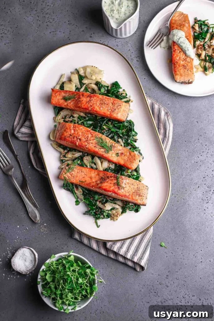 Crispy Pan-Seared Salmon with Spinach and Fennel Recipe 7 salmon served over fennel