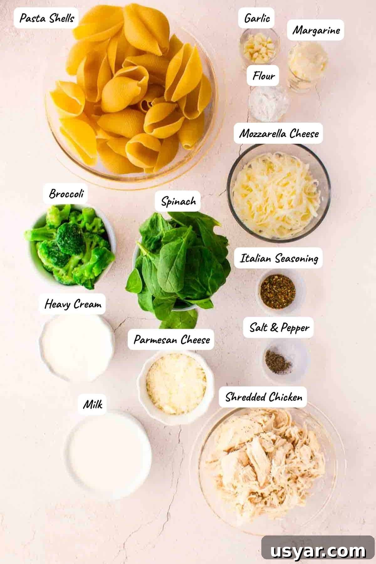 Creamy Chicken Alfredo Stuffed Shells with Spinach 3 The ingredients to make the chicken alfredo stuffed shells measured out and placed on a white table.
