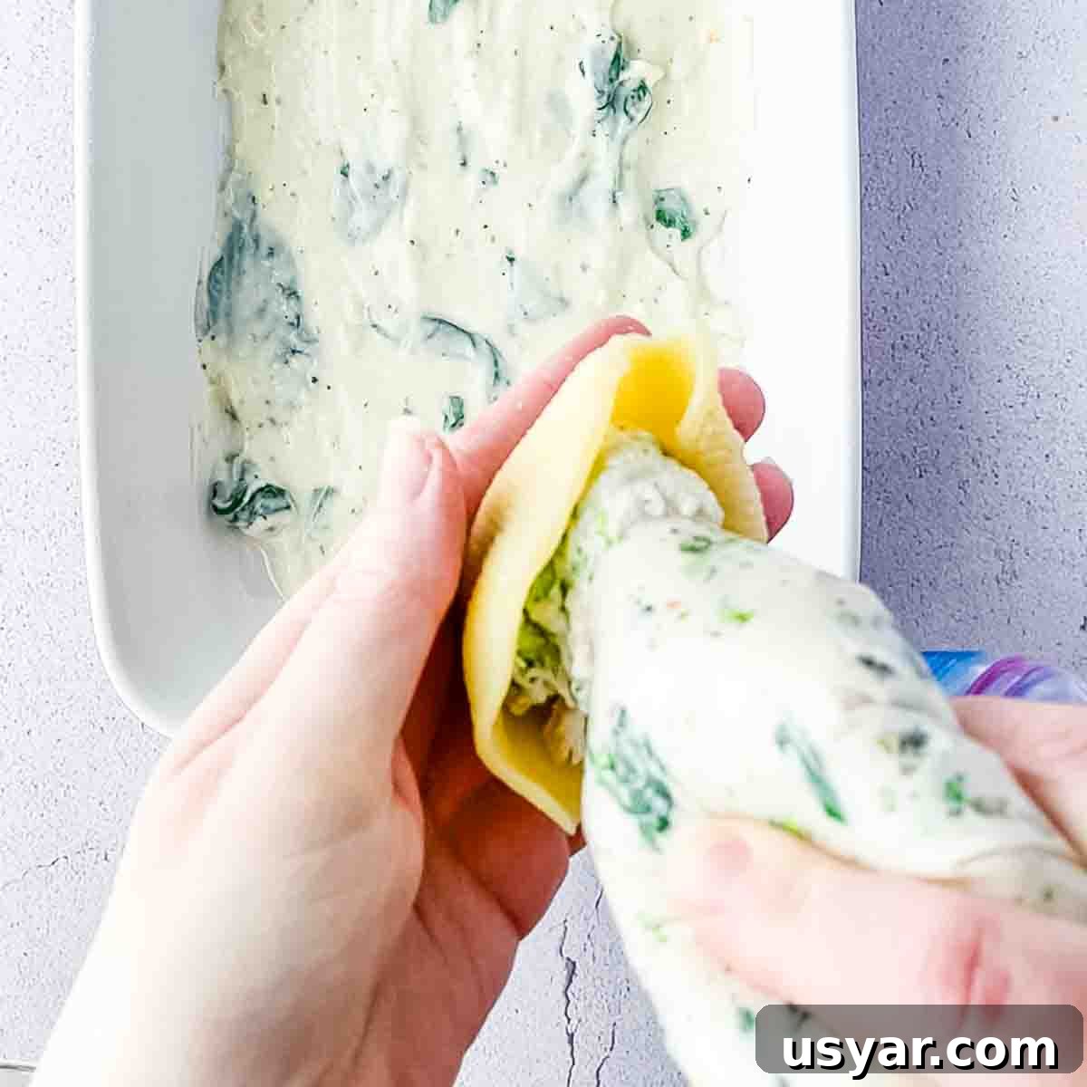 Creamy Chicken Alfredo Stuffed Shells with Spinach 8 A hand filling the pasta shells with the chicken alfredo spinach mixture.