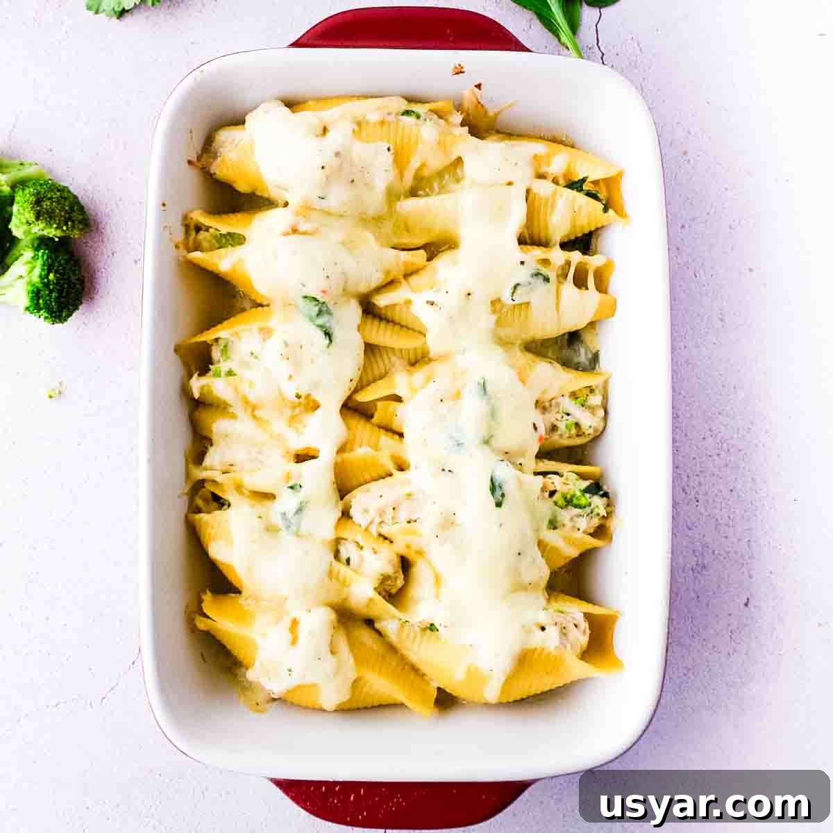Creamy Chicken Alfredo Stuffed Shells with Spinach 10 The cooked stuffed shells in a baking dish.
