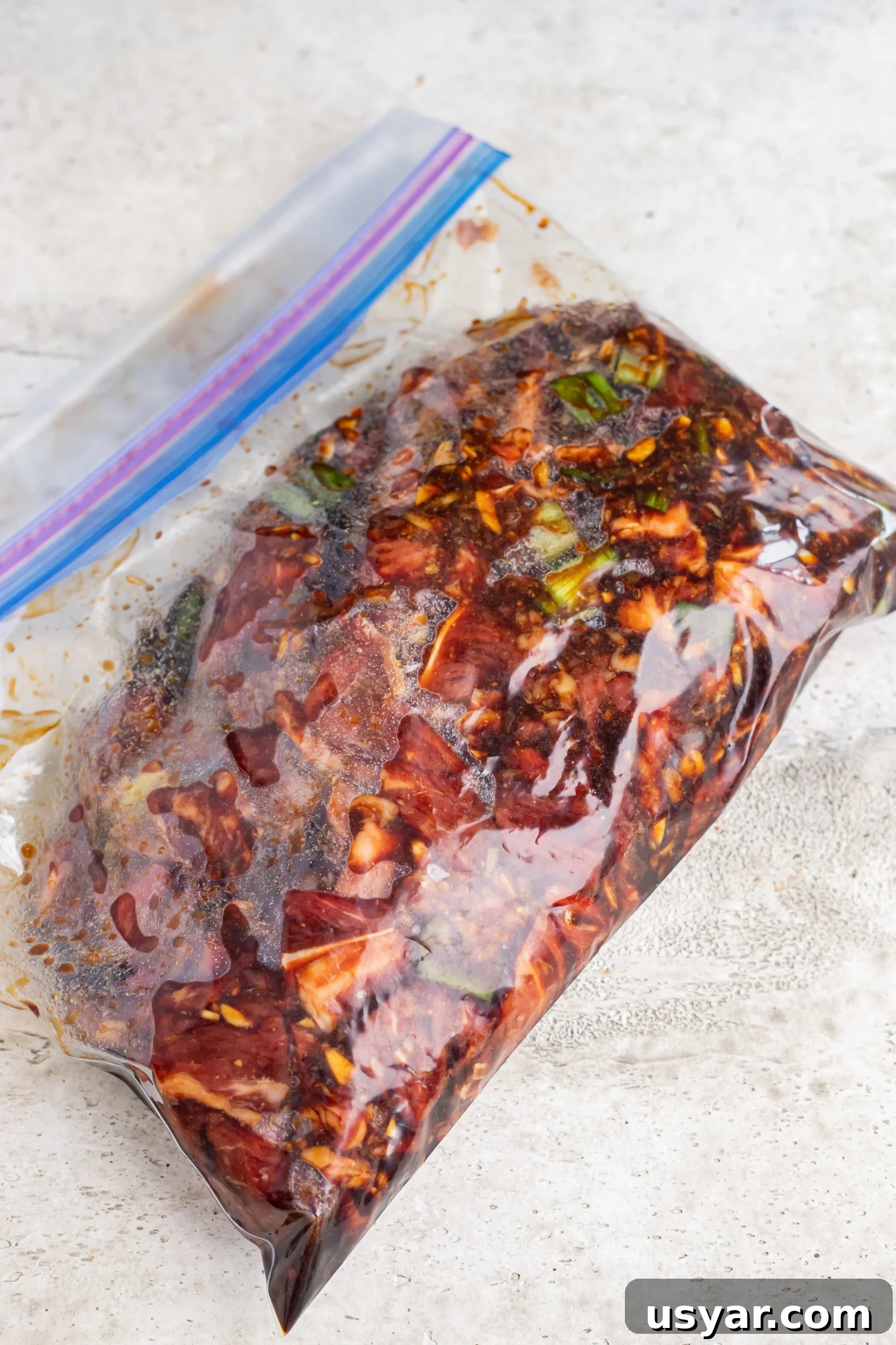 Korean Beef Bulgogi with Zucchini Noodles 7 Beef Bulgogi with Zucchini Noodles with marinade in a ziplock.