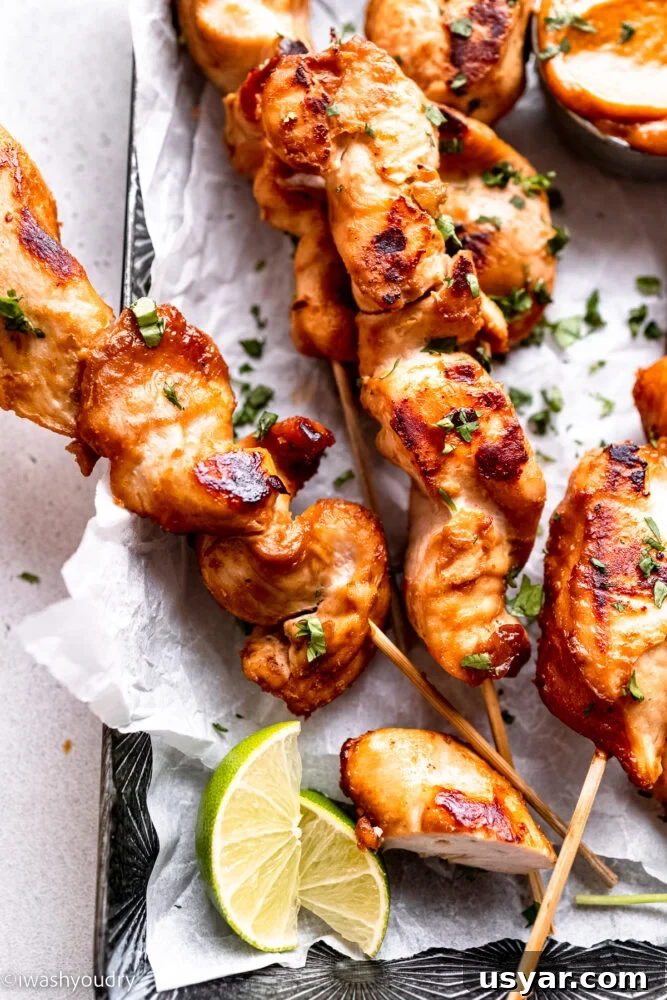 Thai Chicken Satay Recipe with Peanut Dipping Sauce 3 skewered chicken with limes and cilantro