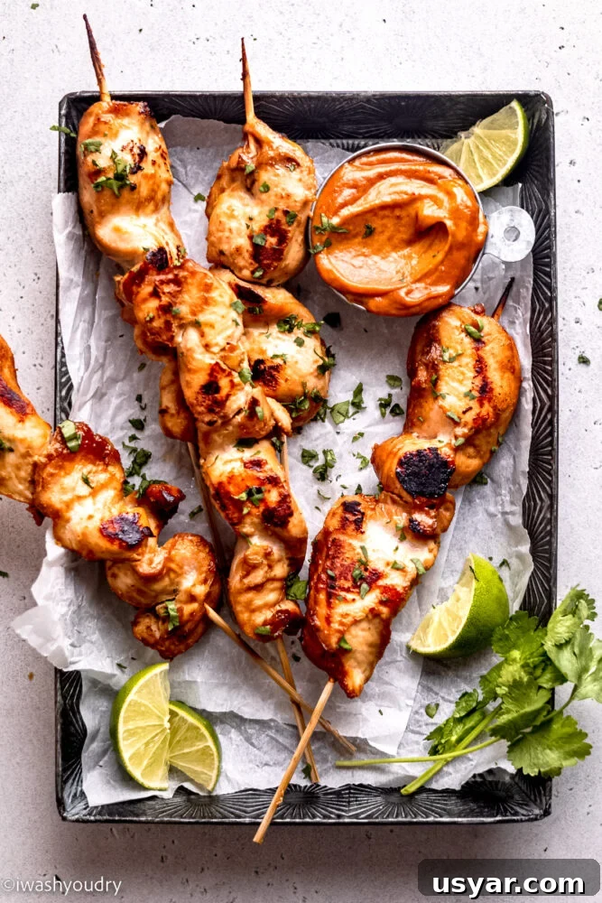 Thai Chicken Satay Recipe with Peanut Dipping Sauce 9 chicken satay with thai peanut sauce and limes