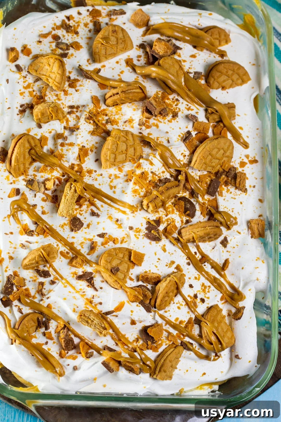 Peanut Butter Lasagna Recipe: Creamy Layered Dessert 3 Peanut butter layer dessert in 9x13-inch pan.