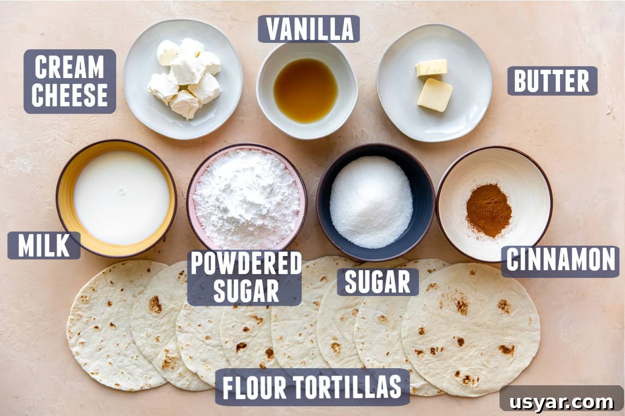 Cinnamon Sugar Tortillas Recipe: Crispy Sweet Treat 3 Ingredients for Cinnamon Sugar Tortillas laid out on the counter.