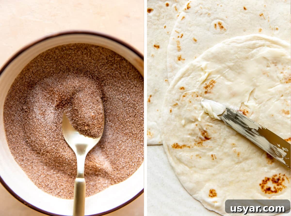 Cinnamon Sugar Tortillas Recipe: Crispy Sweet Treat 4 Step by step picture showing cinnamon sugar being mixed, and butter being spread on a warm flour tortilla.
