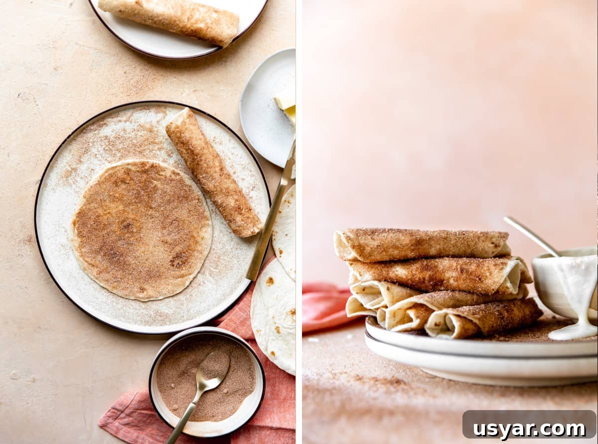 Cinnamon Sugar Tortillas Recipe: Crispy Sweet Treat 5 Step by step picture showing sprinkling cinnamon sugar over the tortillas, then being rolled. And a stack of tortillas rolled up on a plate with a bowl of glaze.