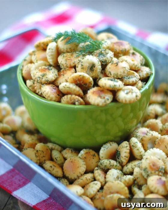 Dill Ranch Oyster crackers in a green bowl.