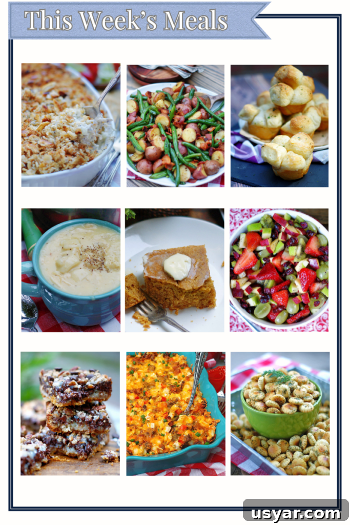 Graphic showing all 9 recipes featured in this week's easy meal ideas for Monday Menu.