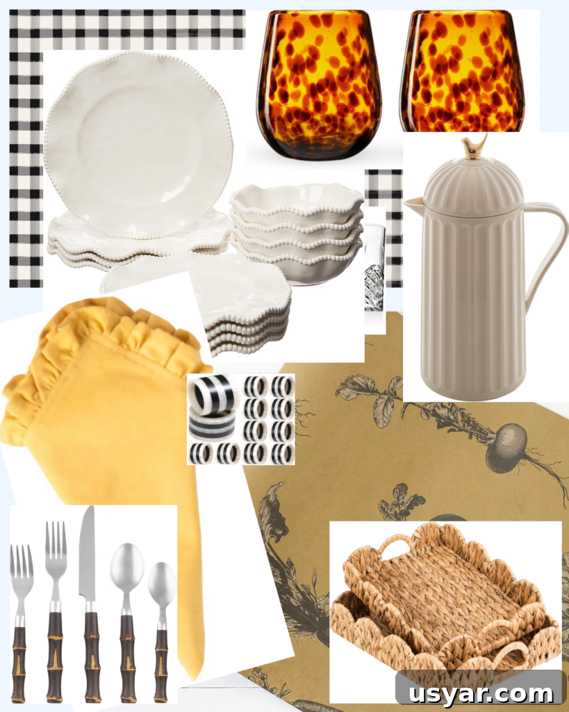 A graphic showing a cozy way to set a winter table using black, white and yellow.