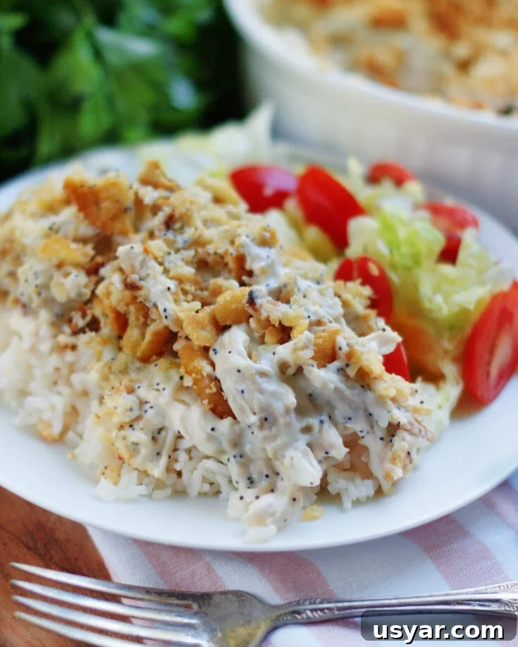 serve poppy seed chicken casserole over rice with a green salad for an easy weeknight dinner