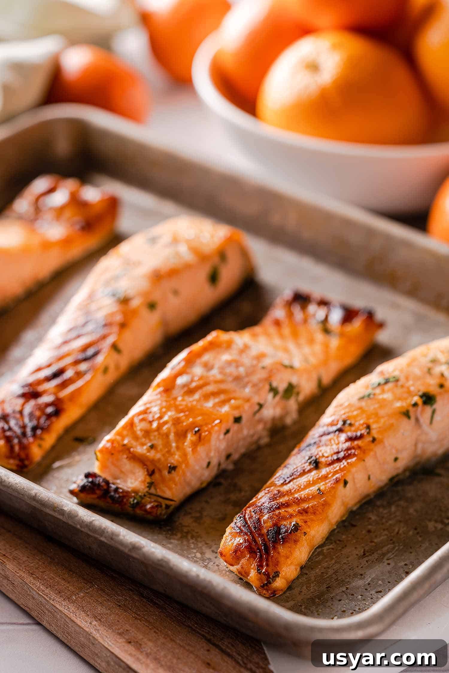 Citrus Herb Salmon with Orange and Red Onion Salsa 9 broiled salmon on baking sheet