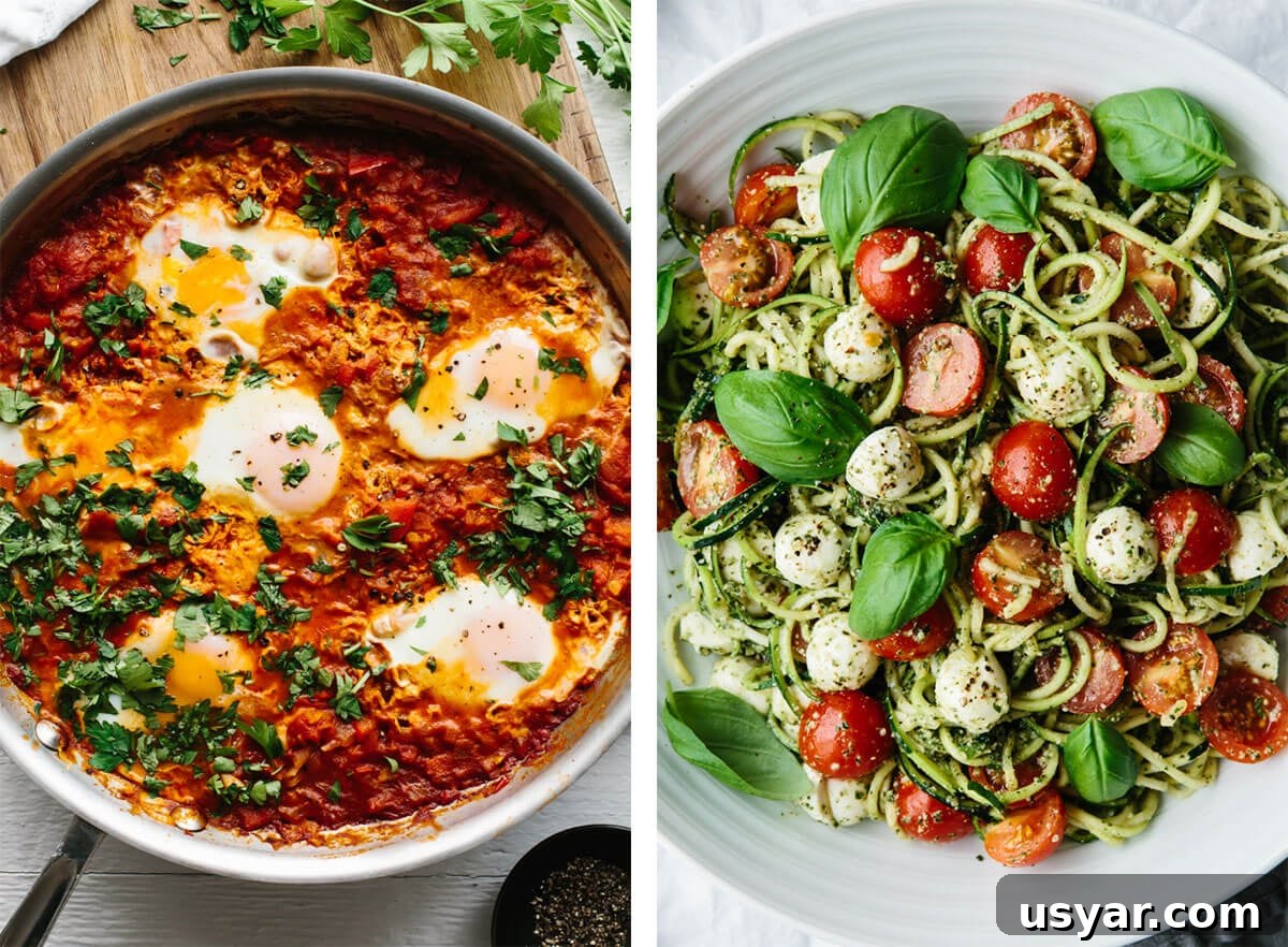 Get inspired by easy, vegetarian recipes! Choose from comforting soups, protein filled dinners, hearty breakfast ideas and everything in between! Vegetarian recipes with shakshuka and zucchini noodle caprese.