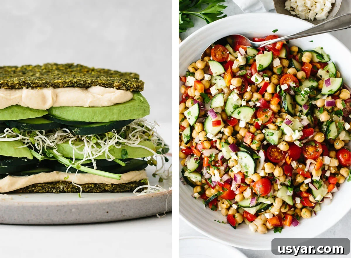 Get inspired by easy, vegetarian recipes! Choose from comforting soups, protein filled dinners, hearty breakfast ideas and everything in between! Vegetarian recipes with chickpea salad and falafel flatbread.