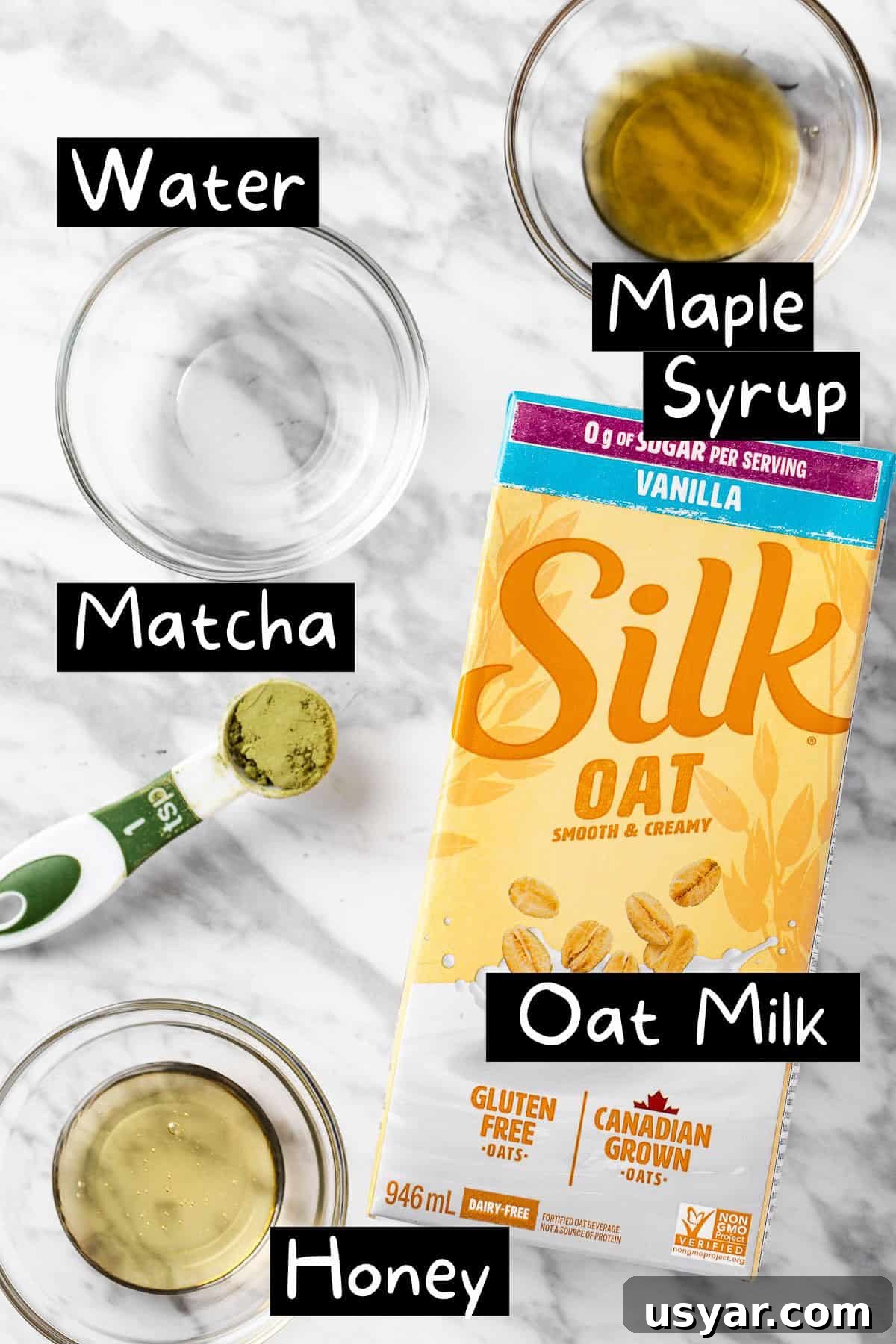 Oat Milk Matcha Latte Recipe 3 The ingredients needed to make the matcha latte.