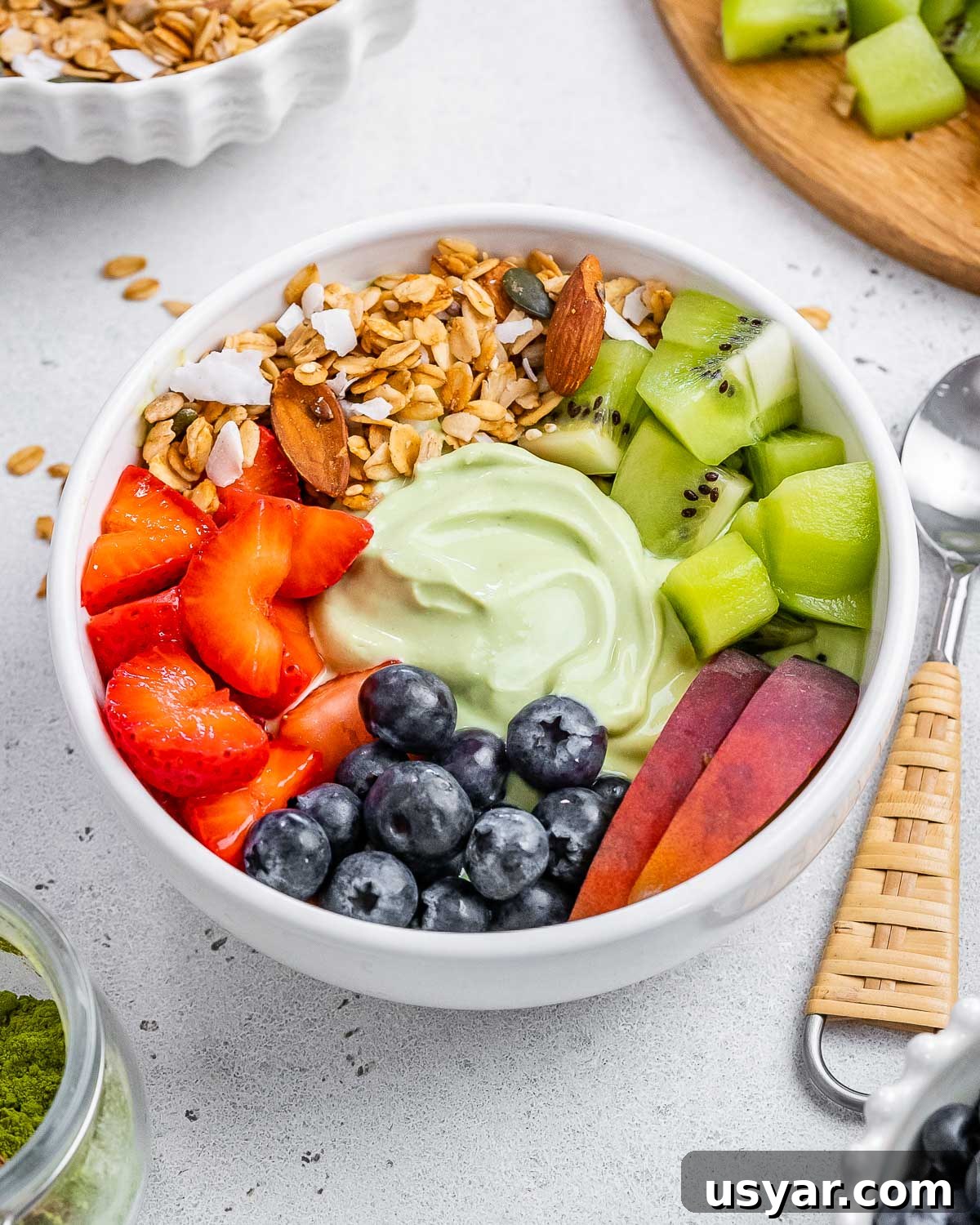 Matcha Yogurt Breakfast Bowl with fruit.