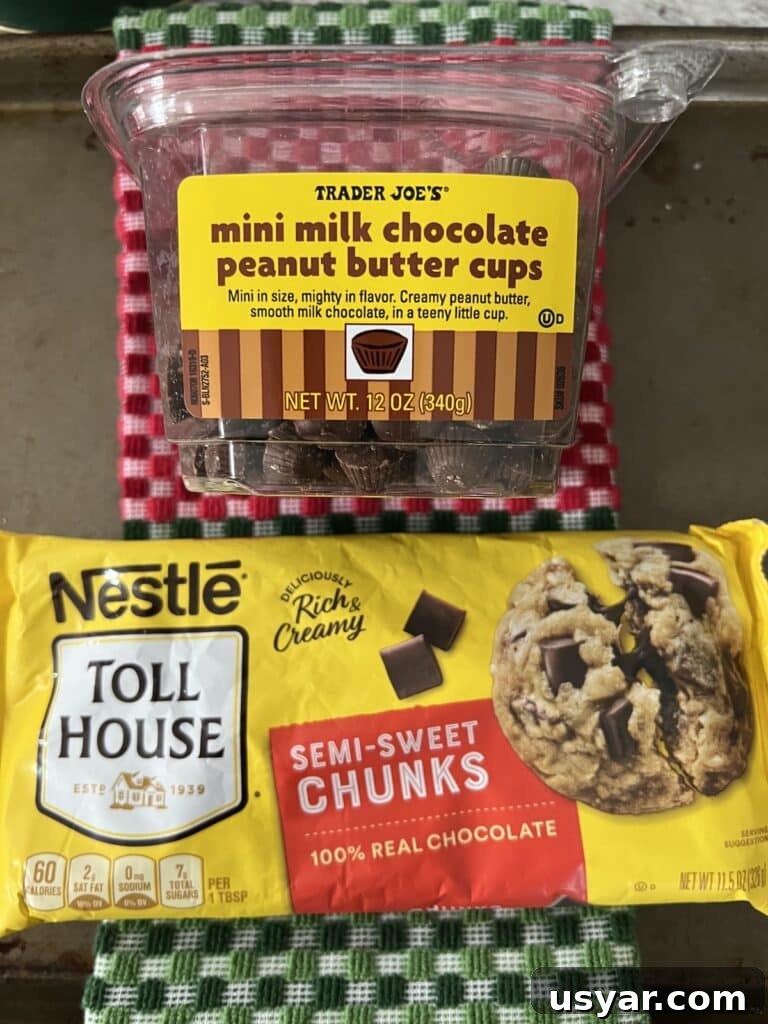 Sea Salt Peanut Butter Cup Chocolate Chip Cookies with Nuts 6 Overhead view of brands of peanut butter cups and chocolate chunks use in recipe.