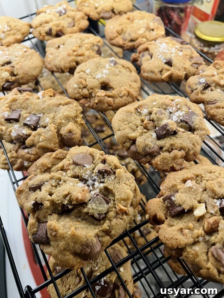 Sea Salt Peanut Butter Cup Chocolate Chip Cookies with Nuts 8 Salted Peanut Butter Cup Chocolate Chip Cookies cooling on wire rack.